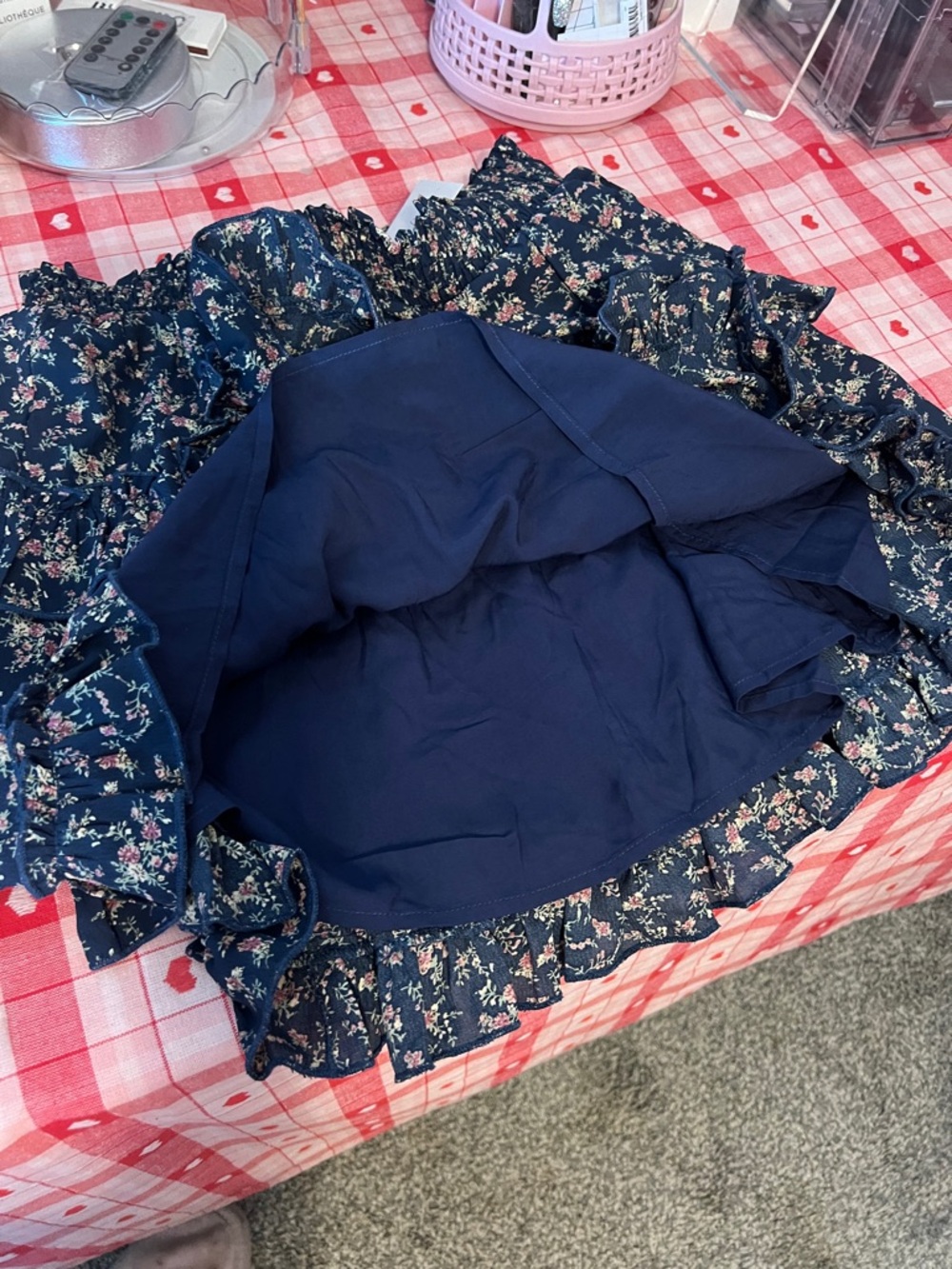 Smocked Navy Floral Ruffle Mini Skirt - Picture 2 of 7
